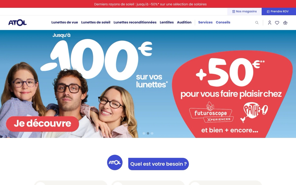 Atol les Opticiens e-commerce storefront, French eyewear retail built on Magento 2 with the Hyvä theme.