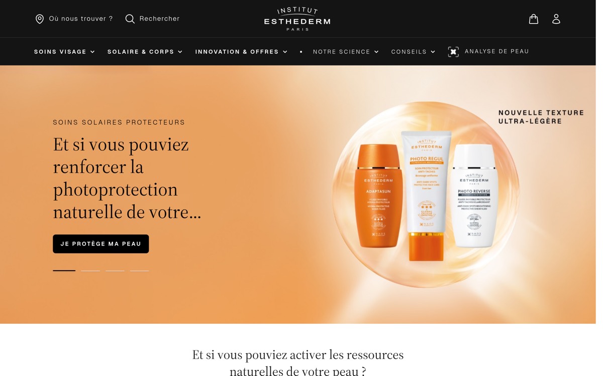 Institut Esthederm e-commerce storefront, NAOS' premium skincare brand, built on Magento 2 with the Hyvä theme.