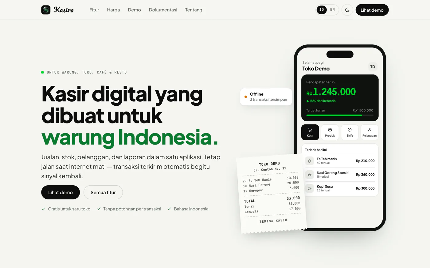 Kasira homepage: the headline "Kasir digital yang dibuat untuk warung Indonesia" next to the app dashboard on a phone, a printed receipt and an offline sync badge