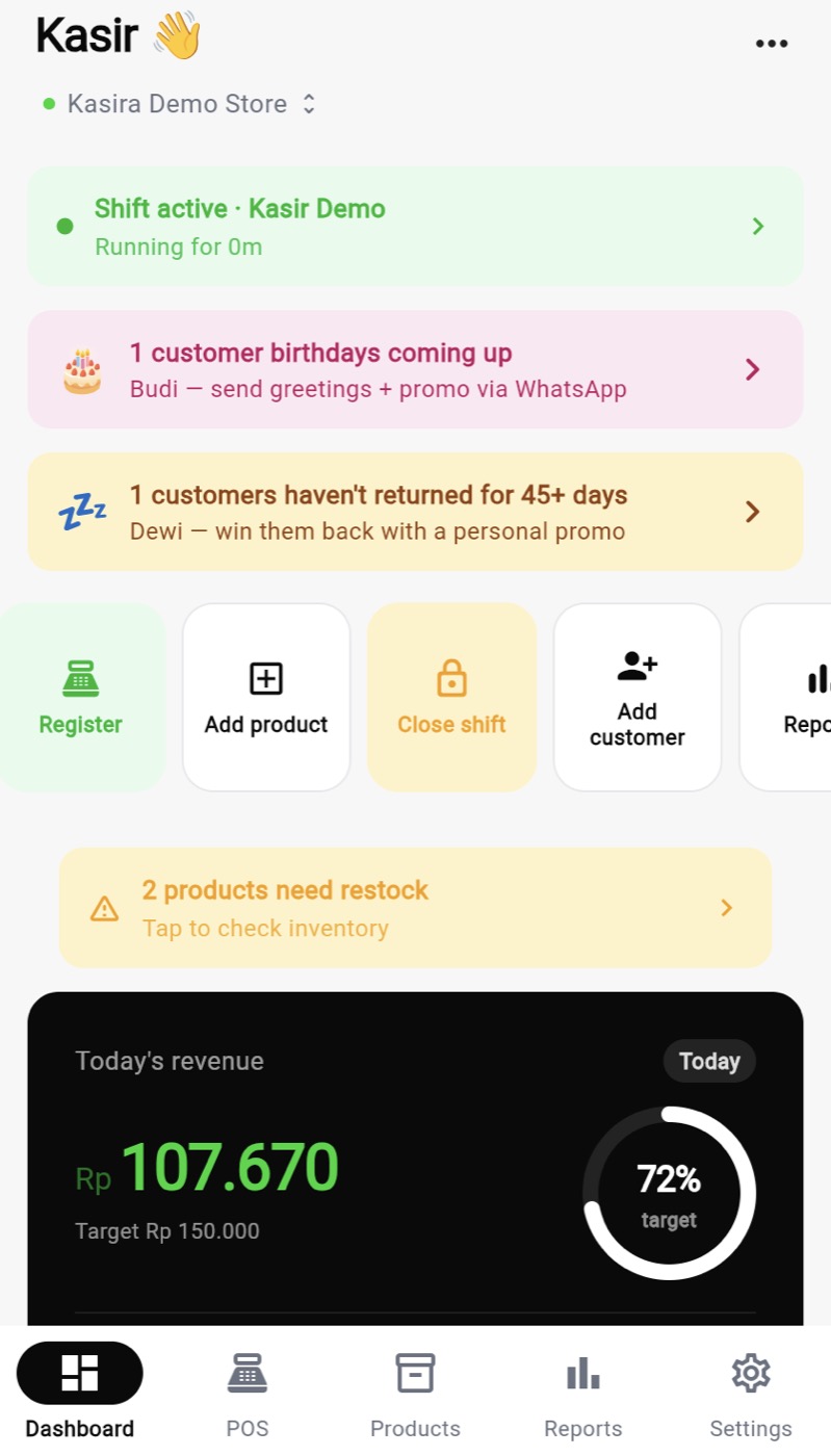 Kasira · App, Indonesian retail POS · Flutter + Supabase